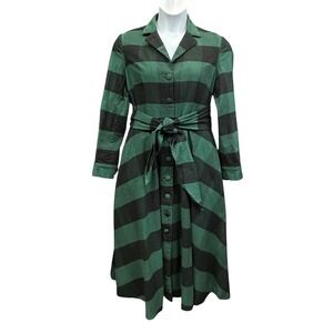 J. Peterman Emerald Green and Black Striped Maxi Shirt Dress with Tie Waist